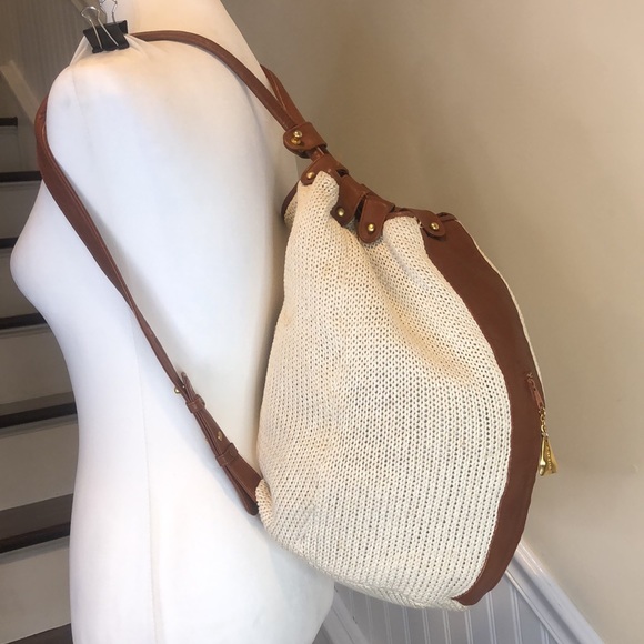 SHARIF AMERICANA Knit Leather Accent Drawstring Bucket Backpack Sling Bag - Picture 5 of 17